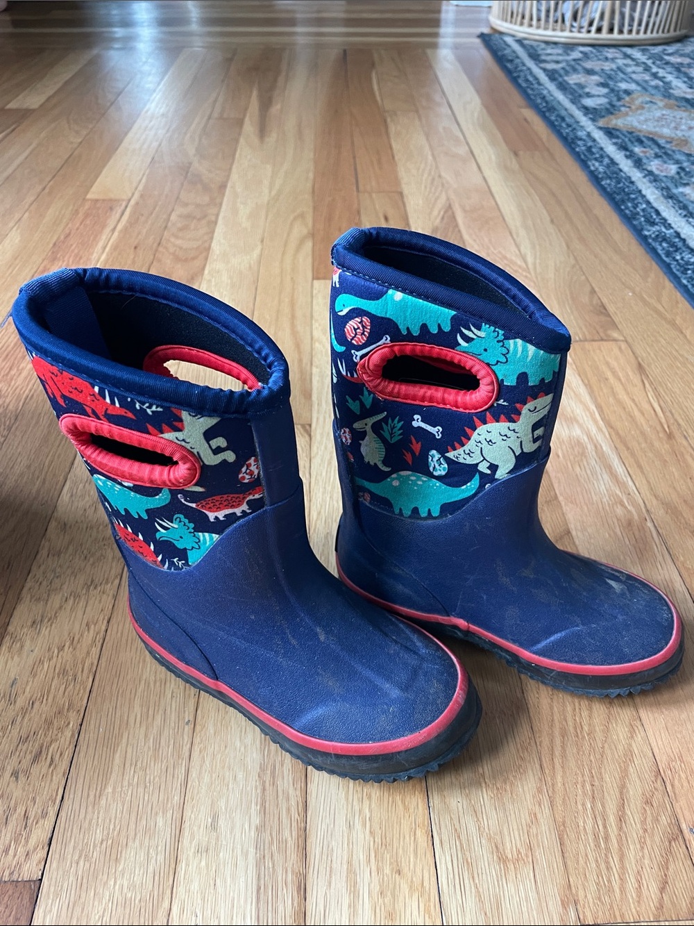 Kids Navy Dinosaur Rain Boots with Red Trim